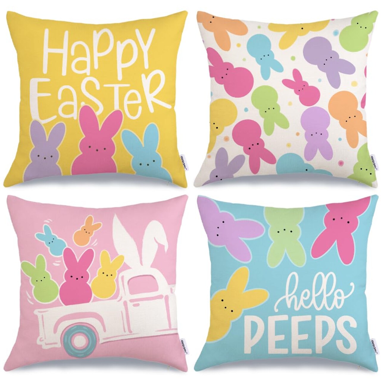 Happy Easter Hello Peeps Throw Pillow Covers 18x18 Inch Set of 4, Rabbit Truck Bunny Spring Decorative Farmhouse Holiday Cushion Case for Home Decoration G683-18